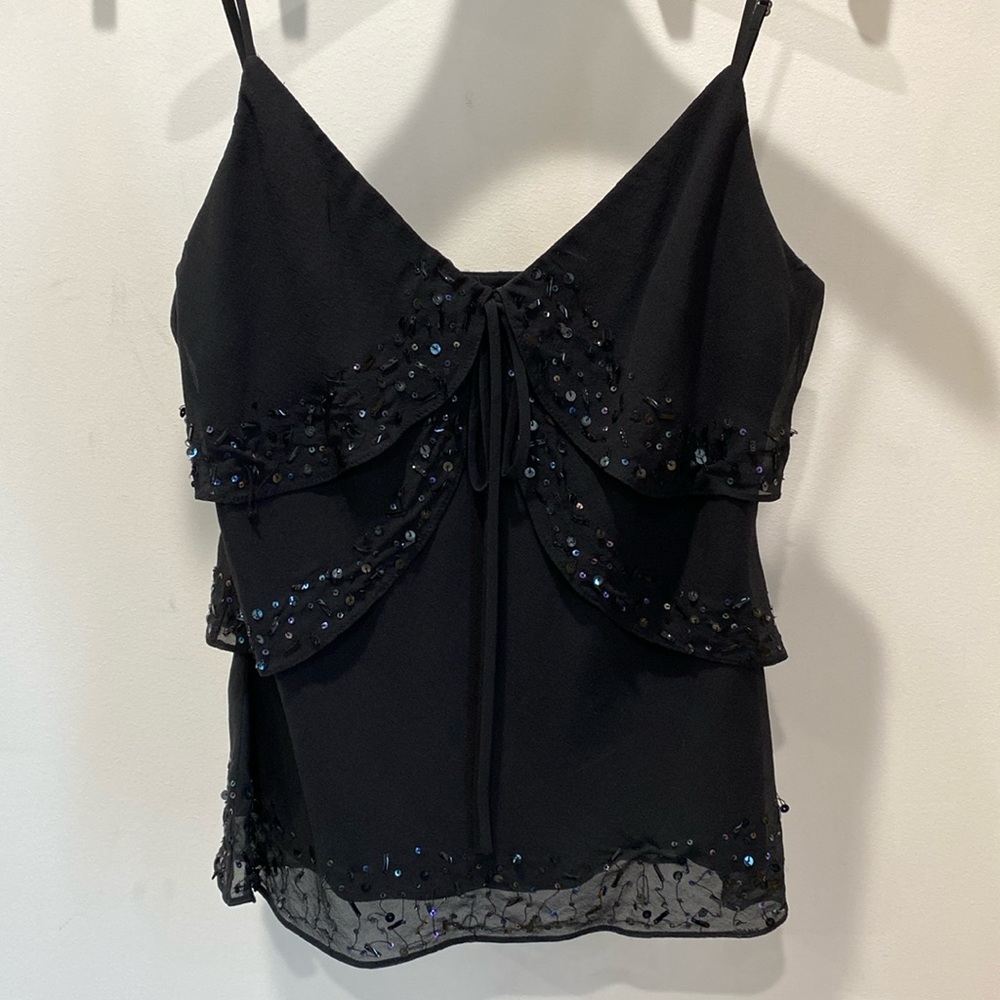 BCBG Black Silk Embellished Tiered Ruffle Camisole Tank Top